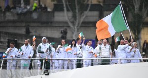 Team Ireland, led by flagbearers Shane Lowry and Sarah Lavin, during the Opening Ceremony of the 2024 Paris Summer Olympic Games