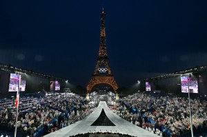 Delegations arrive at the Trocadero during the opening ceremony of the Paris 2024 Olympic Games