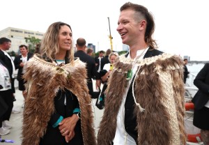 Jo Aleh and Aaron Murray Gate, Flagbearers of Team New Zealand