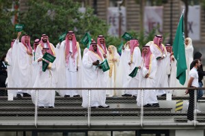 Athletes of Team Saudi Arabia cruise the River Seine during the opening ceremony of the Olympic Games Paris 2024