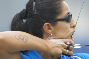 Closeup of USA Khatuna Lorig during Women's Individual Ranking Round at Olympic Green Archery Field. Beijing, China 8/11/2008 CREDIT: Simon Bruty