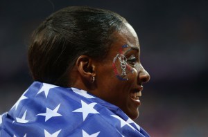 DeeDee Trotter of United States looks on after competing  during the Women's 4 x 400m Relay Final on Day 15 of the London 2012 Olympic Games at Olympic Stadium on August 11, 2012 in London, England.