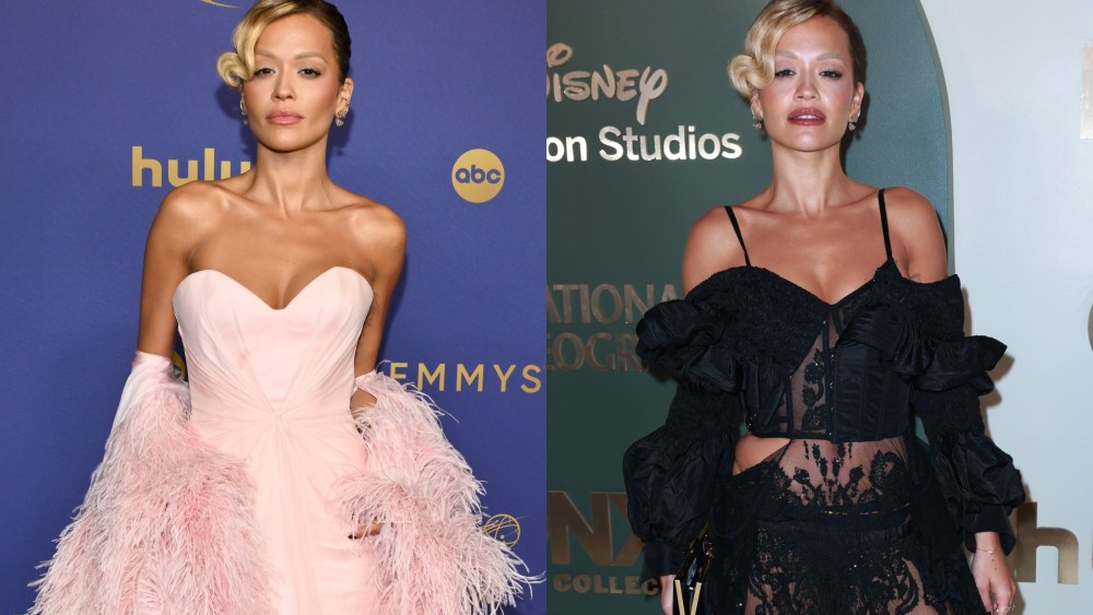 Rita Ora wears pink Tamara Ralph dress, Emmy Awards 2024, red carpet, Disney, after party