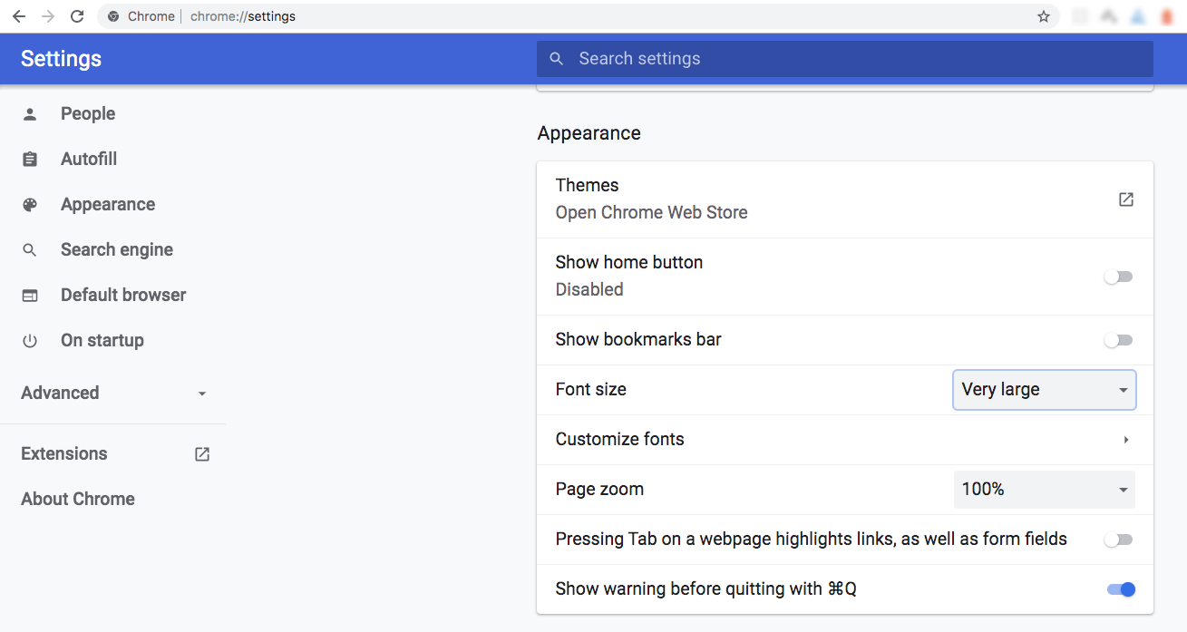 Chrome very large font size and 100% page zoom setting