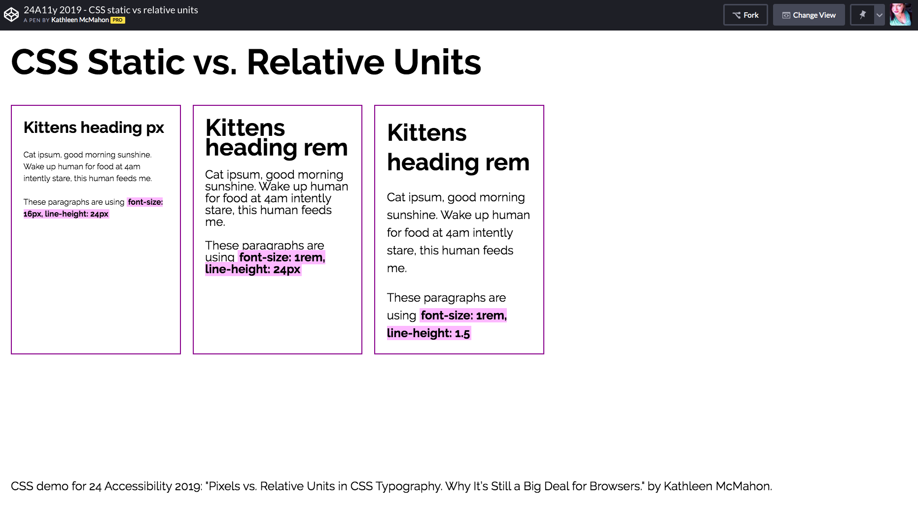 Side-by-side comparison of three blocks of text in Chrome using very large font size and 100% page zoom setting