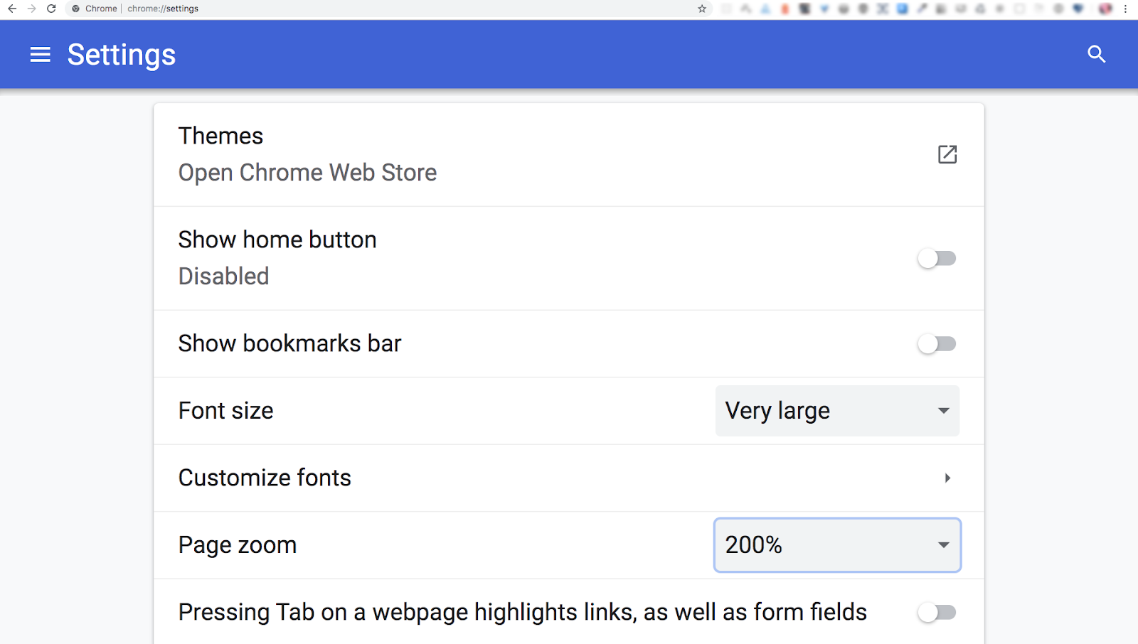 Chrome very large font size and 200% page zoom setting
