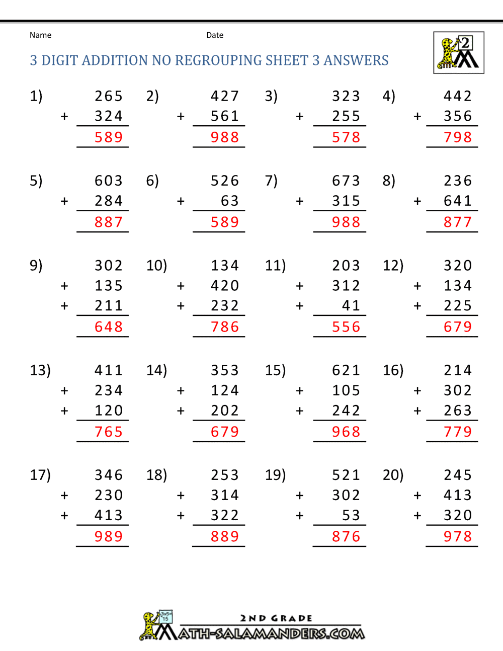 3 Digit Addition No Regrouping Worksheets