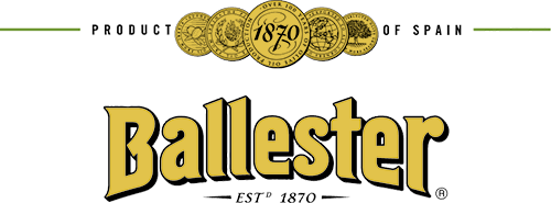 Ballester written in yellow text with Est 1870 written below and Product of Spain written above (both in black text). There are also yellow medals at the top