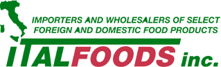 ItalFoods inc. with Ital and inc. in green and Foods in red and Importers and Wholesalers of Select Foreign and Domestic Food Products above in green with Italy in green to the left