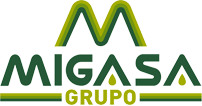 Migasa written in dark green text with a light and dark green m above and Grupo written below in light green with two light and dark green lines on either side