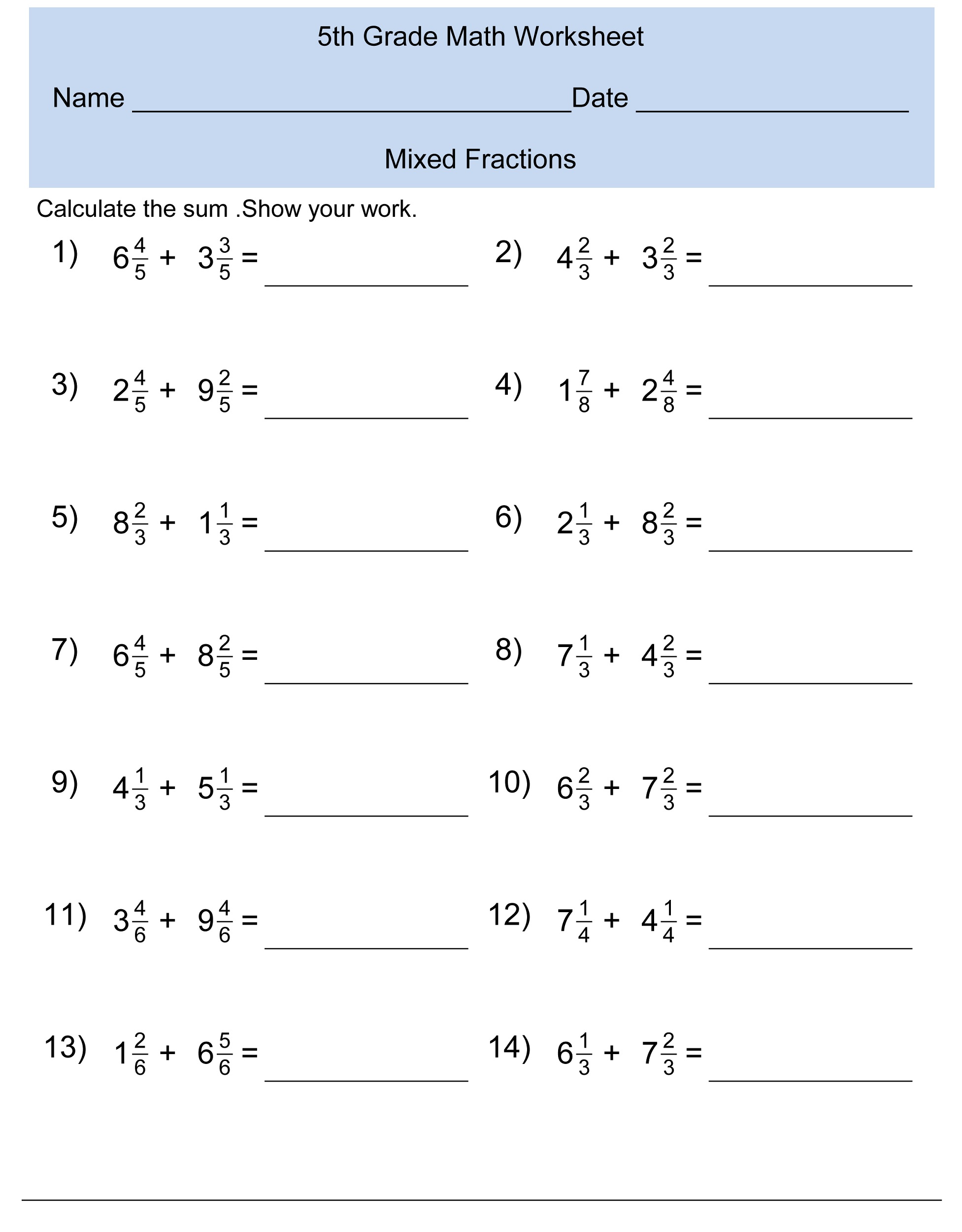 Printable Math Worksheets For 5th Graders