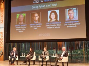 Integral Ad Science CEO Lisa Utzschneider, Magnite CEO Michael Barrett and DoubleVerify CEO Mark Zagorski at AdExchanger’s Industry Preview, in a panel moderated by LUMA CEO and founder Terence Kawaja.