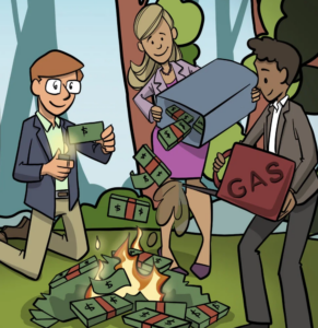 A comic depicting people in suits setting money on fire as a reference to incrementality: as in, don't set your money on fire!