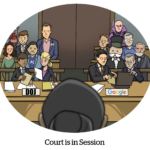 A comic depicting Judge Leonie Brinkema's view of the her courtroom where the DOJ vs. Google ad tech antitrust trial is about to begin. (Comic: Court Is In Session)