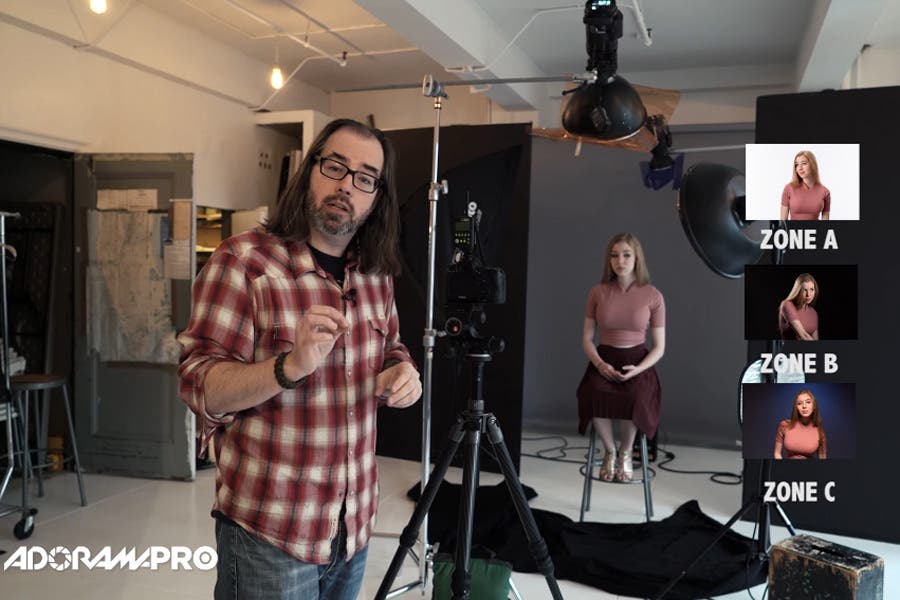 Screenshot of an Adorama video tutorial on studio lighting photography