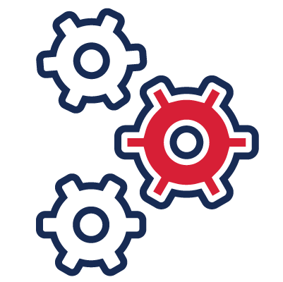 Three gear icons colored white red and blue