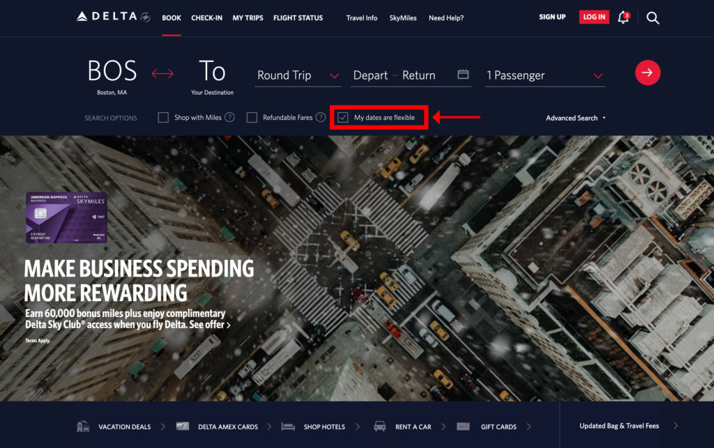 Screenshot of Delta flexible date search with the "My Dates Are Flexible" checkbox option highlighted with a red box and arrow