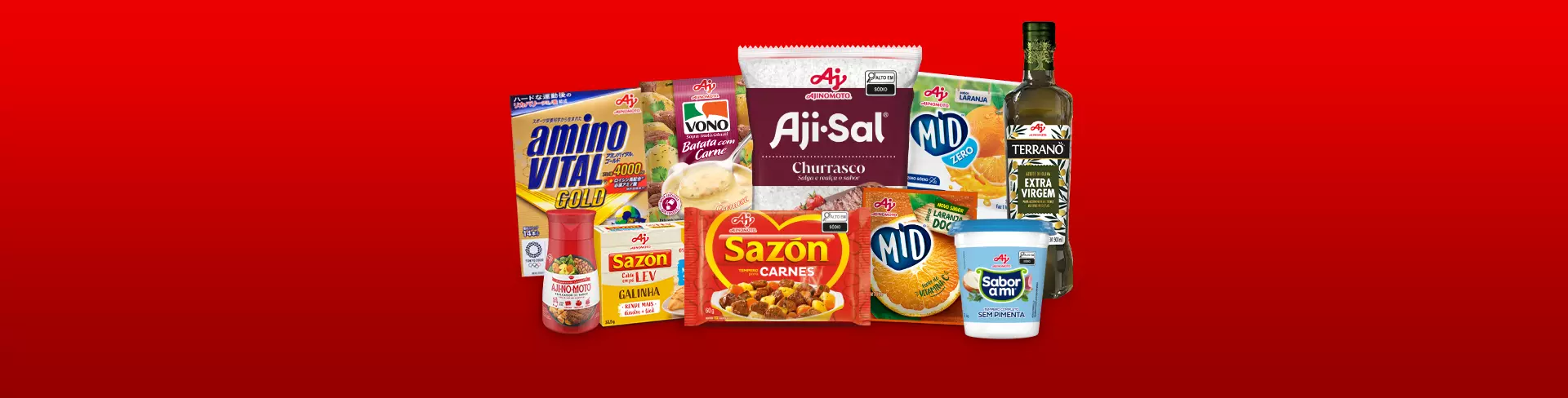 Embalagens representando cada uma das marcas da Ajinomoto