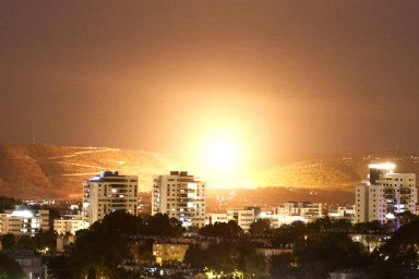 An explosion is seen following a missile alert amid cross-border hostilities between Hezbollah and Israel, as seen from as seen from Nahariya, northern Israel