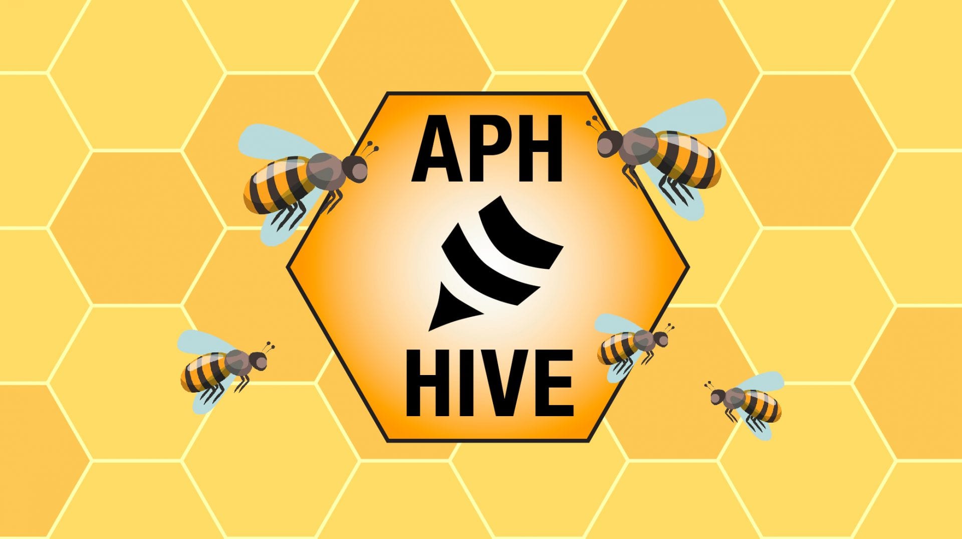 APH Hive logo on a honeycomb pattern background with cartoon bees flying around it