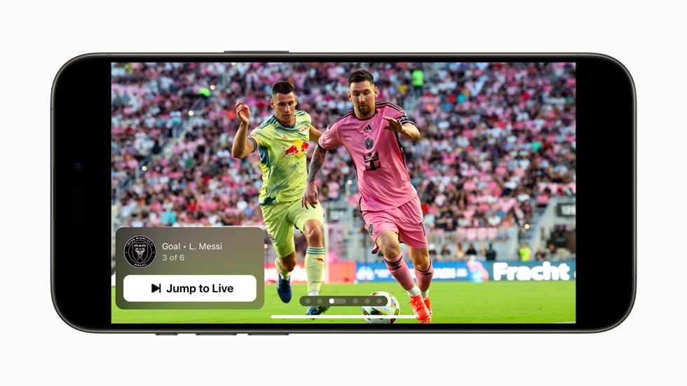 An MLS Season Pass screen on iPhone 15 Pro shows two soccer players in a match with the phrase “Jump to Live”.