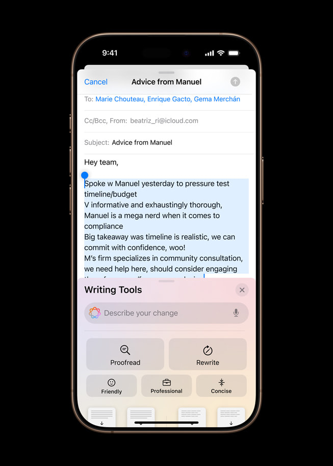 The new Apple Intelligence-powered Text Assistant tool is shown on iPhone 16 Pro.