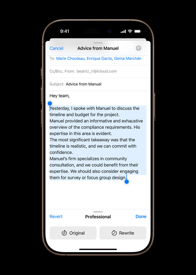 iPhone 16 Pro displays the more professional version of the user’s original email copy created with Apple Intelligence.
