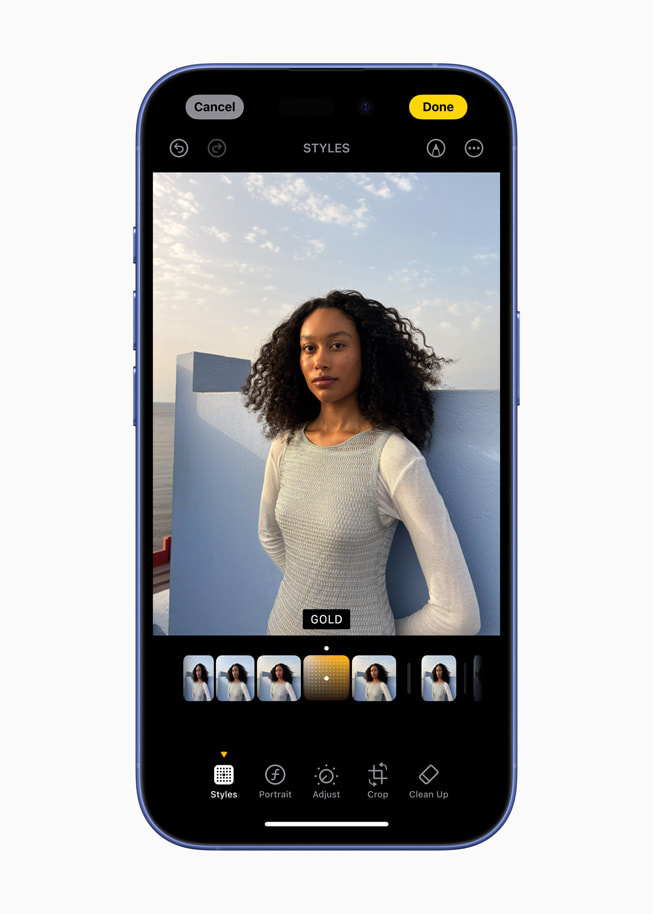 iPhone 16 shows a Photographic Styles screen with a photo of a person and a gold style selected.