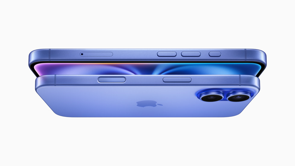 iPhone 16 and iPhone 16 Plus in ultramarine are shown stacked.