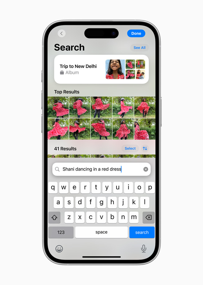 The new search functionality is shown in the Photos app on iPhone 16 Pro.