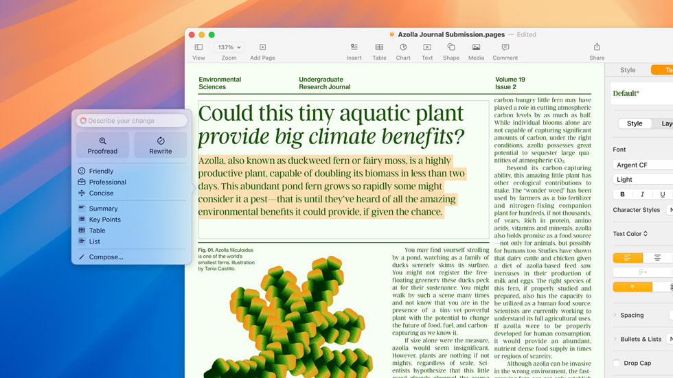 A Writing Tools screen features highlighted text from a scientific paper alongside proofreading and rewriting options.