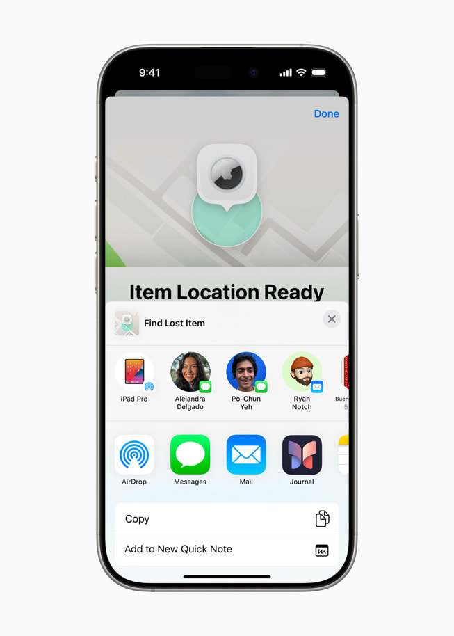 Een sub-menu in ‘Zoek mijn’ op iPhone 16 Pro met de kop ‘Item Location Ready to Share’ en de tekst ‘Find Lost Item’, met daaronder diverse manieren waarop de gebruiker de locatie van het voorwerp kan delen.