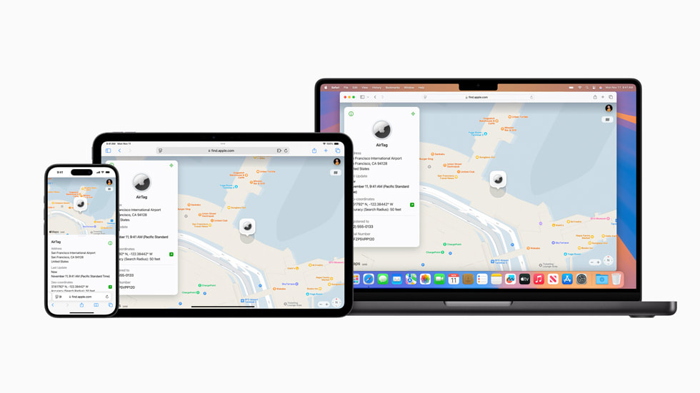 Een Mac met een kaart met de locatie van een AirTag, en een iPhone 16 Pro met meer details.