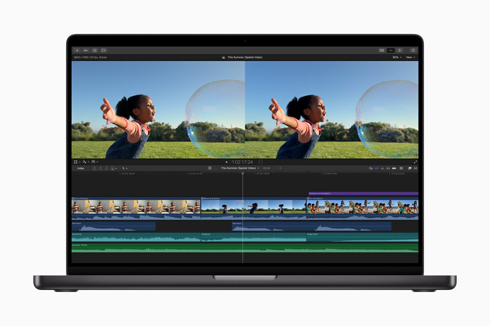 Spatial video editing capabilities in Final Cut Pro 11 are shown on MacBook Pro.