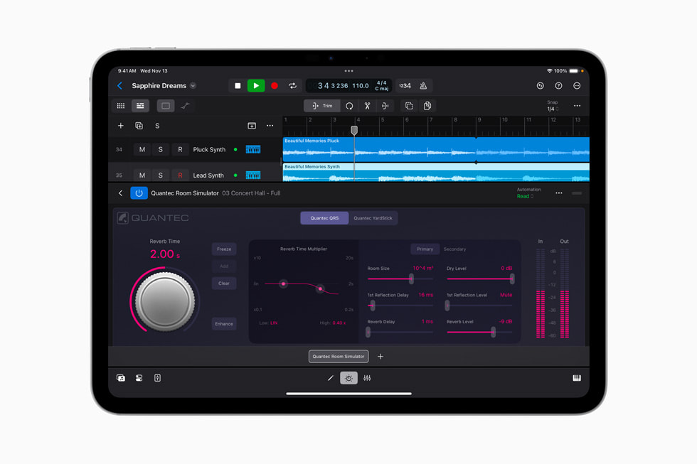 The Quantec Room Simulator plug-in is shown in Logic Pro for iPad 2.1 on iPad Pro.