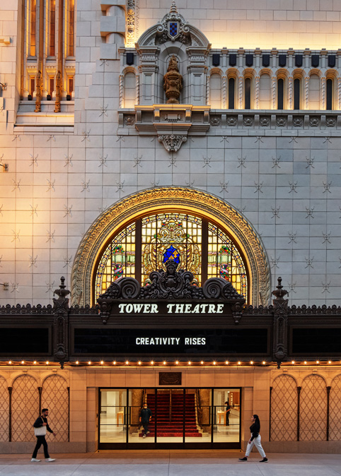 The Broadway marquee of Apple Tower Theatre.