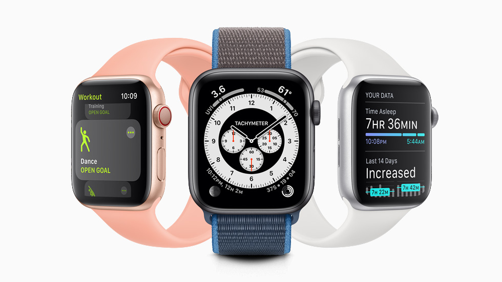 The Dance workout, the Chronograph Pro watch face, and sleep tracking are each displayed on separate Apple Watch Series 5.