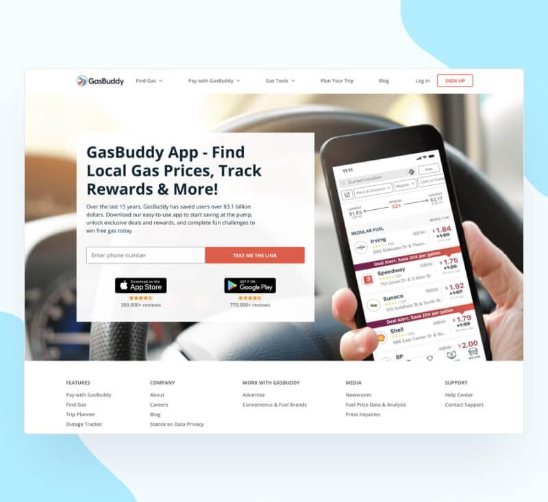 GasBuddy app landing page example