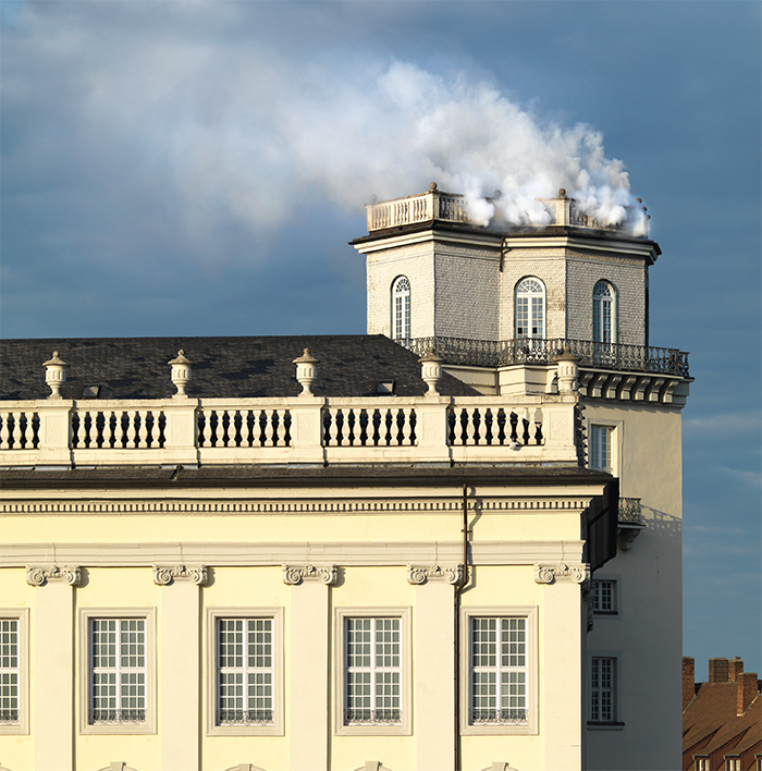 Daniel Knorr, Expiration Movement, 2017, smoke, text. Installation view, Zwehrenturm, Kassel. From Documenta 14. Photo: Bernd Borchardt. © Artists Rights Society (ARS), New York/VG Bild-Kunst, Bonn.