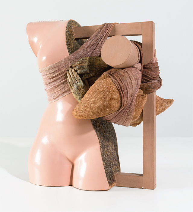 Anu Põder, Composition with a Torso and a Child’s Hands, 1986, textile, wood, plastic, epoxy, 21 5/8 × 24 3/8 × 14 1/8".