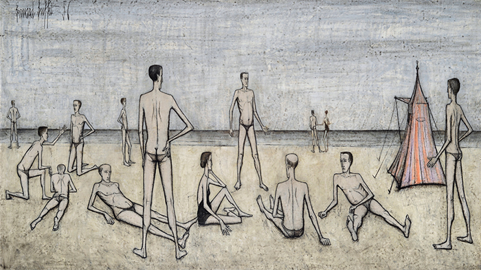 Bernard Buffet, La plage, 1956, oil on canvas, 44 7/8 × 76 3/4".