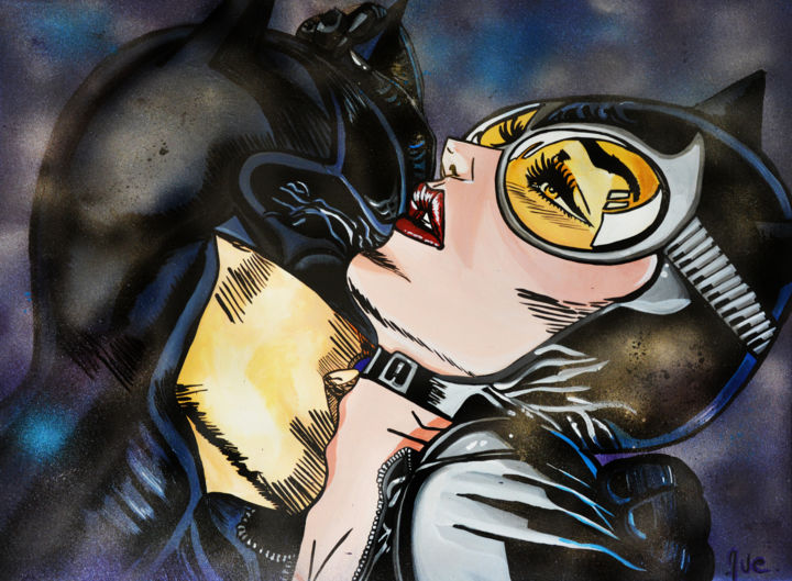 Batman & Catwoman Kiss, Painting by Antonella Castrovillari | Artmajeur