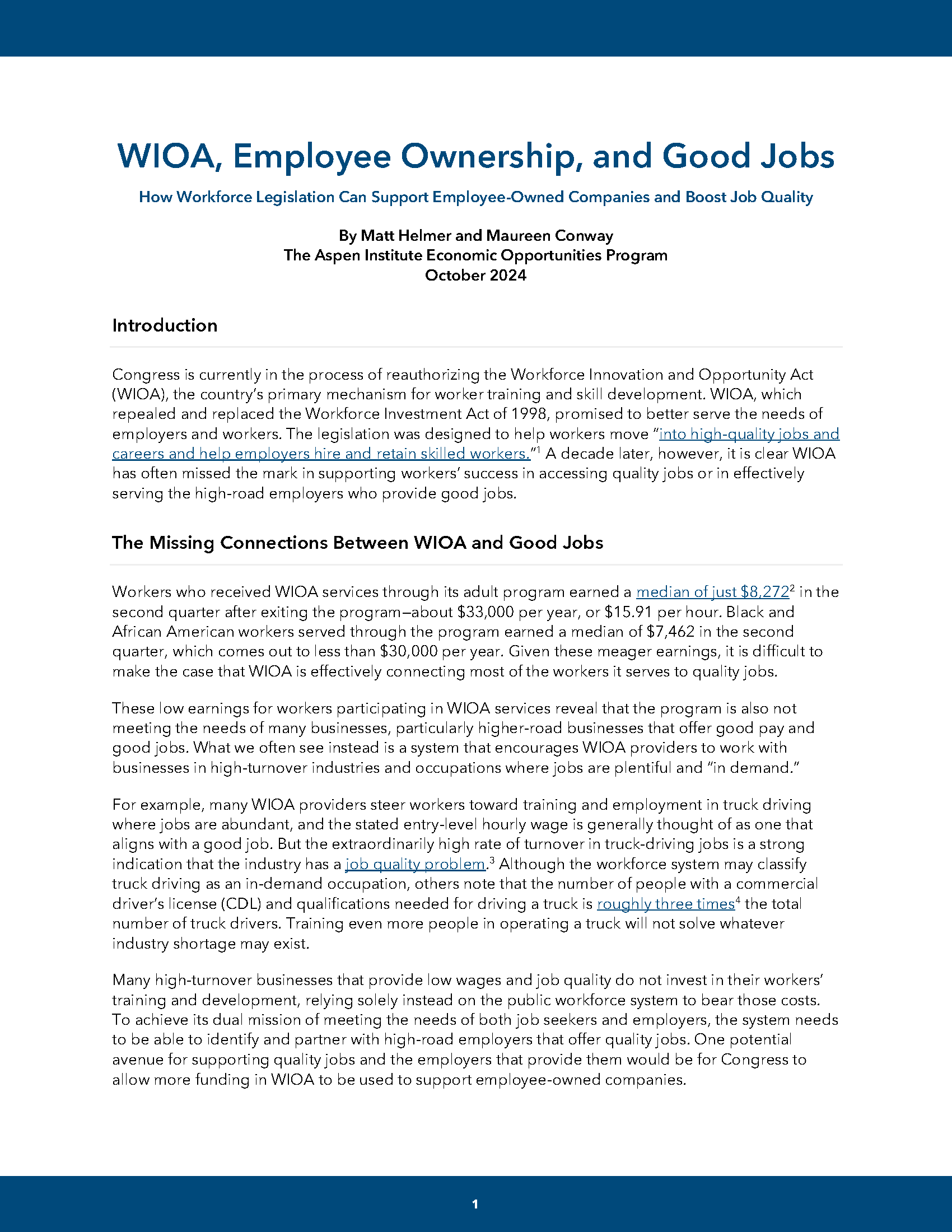 WIOA, Employee Ownership, and Good Jobs: How Workforce Legislation Can Support Employee-Owned Companies and Boost Job Quality