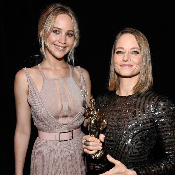 Jodie Foster and Jennifer Lawrence backstage at the 2016 Britannia Awards