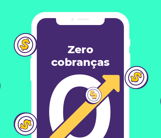 Ilustração mostrando zero cobranças em destaque na tela de um celular com várias moedas.