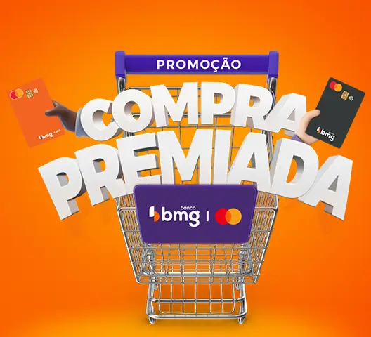 Carrinho de compras com a marca do bmg com título em destaque compra premiada.