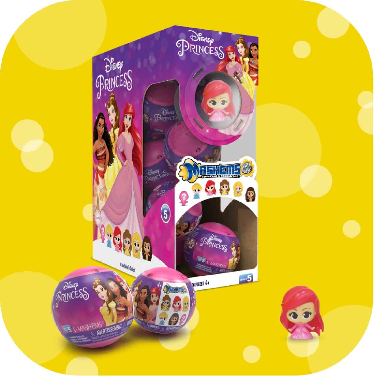 Mash'ems Diseny Princess packaging and toy against yellow background.