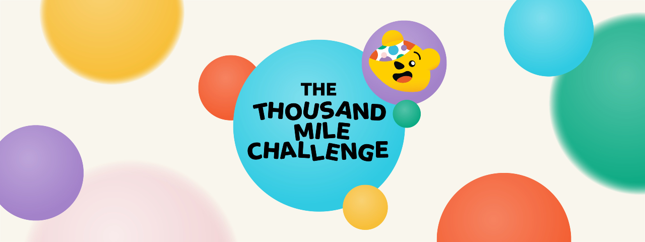 thousand mile challenge logo in coloured spots with Pudsey's head smiling