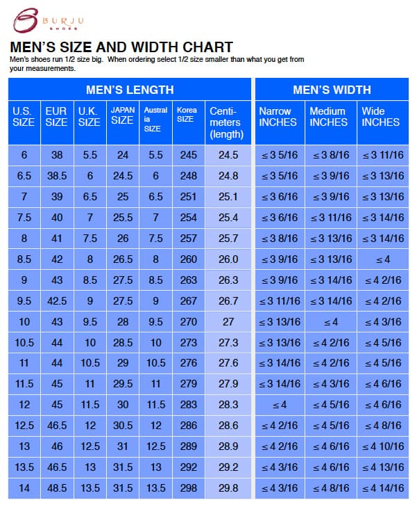 Printable Mens Shoe Size Chart With Width