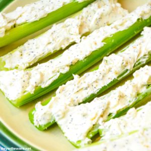 Everything Bagel Stuffed Celery is a low-carb appetizer that combines everything bagel seasoning with cream cheese and then stuffed in celery to make a simple 3-ingredient keto snack.